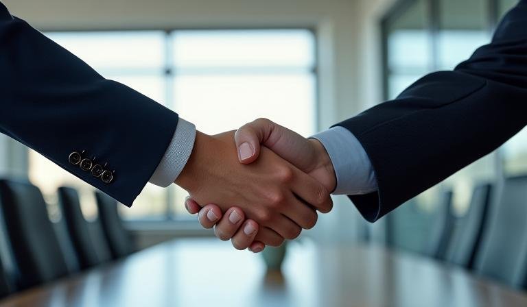 Professional handshake representing a legal agreement and trust in business consulting